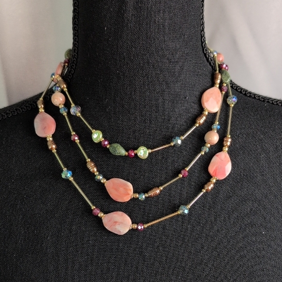 Pink and Gold Multi-Strand Necklace with Vintage Charm - Picture 2 of 12